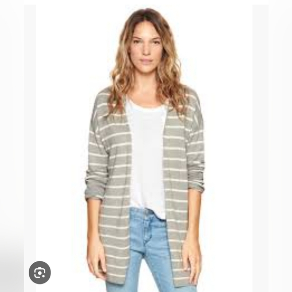 GAP S gray pink stripe 3/4 sleeve open front cardigan sweater - Picture 1 of 7